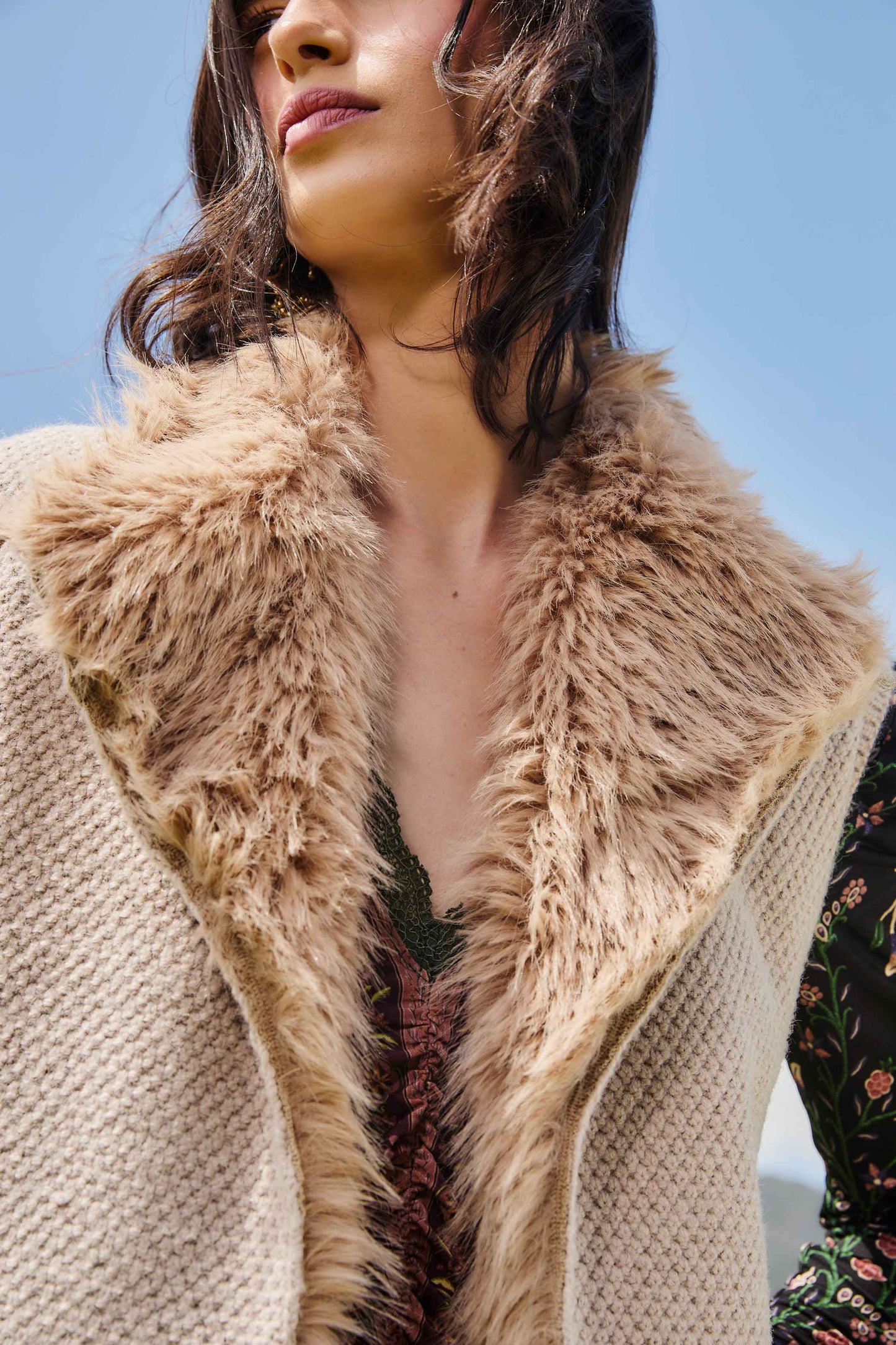 Beige Fur Sleeveless Knit Vest