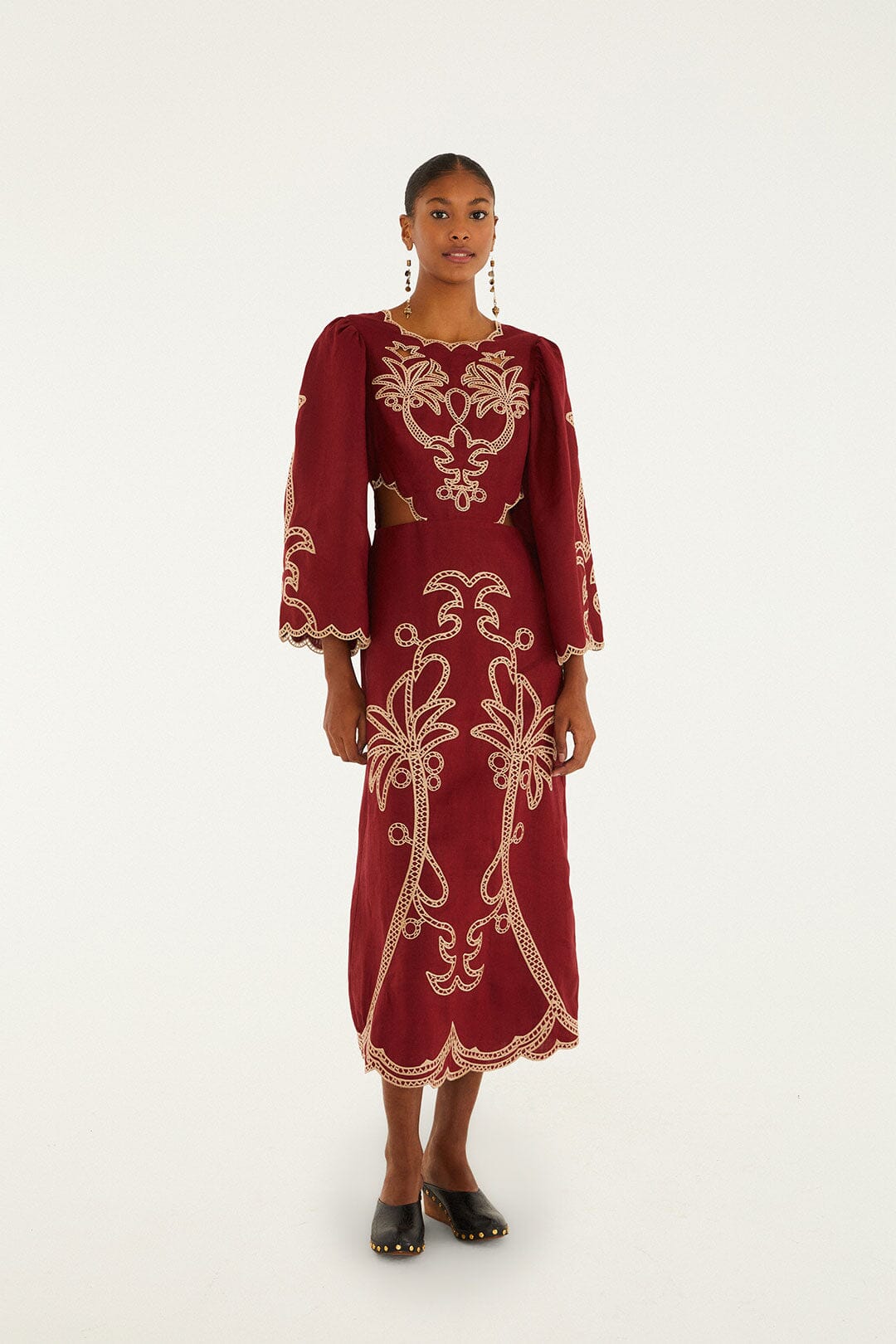 Farm Rio Artisanal Cut-Out Embroidered Linen Maxi Dress - Burgundy Farm Rio Artisanal Cut-Out Embroidered Linen Maxi Dress - Burgundy