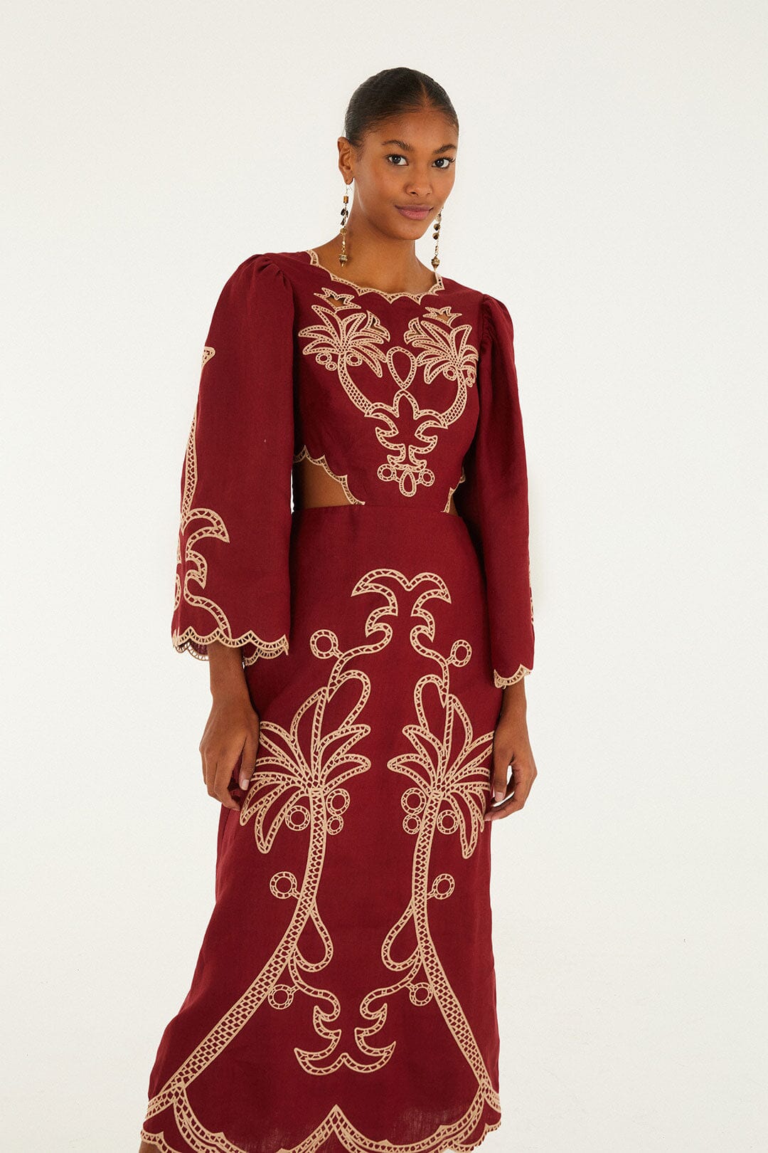 Farm Rio Artisanal Cut-Out Embroidered Linen Maxi Dress - Burgundy Farm Rio Artisanal Cut-Out Embroidered Linen Maxi Dress - Burgundy