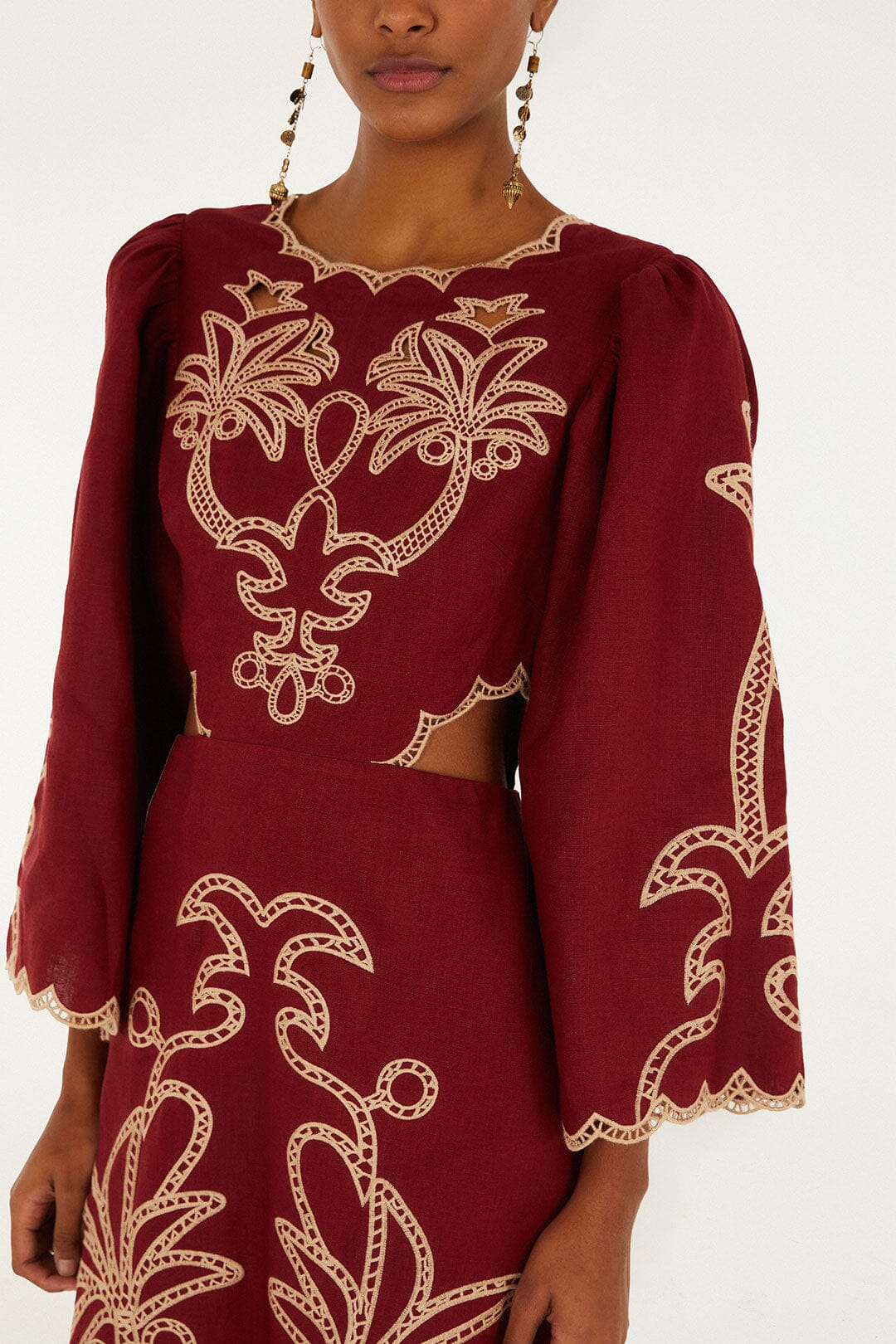 FARM Rio Artisanal Cut-Out Embroidered Linen Maxi Dress - BURGUNDY FARM Rio Artisanal Cut-Out Embroidered Linen Maxi Dress - BURGUNDY