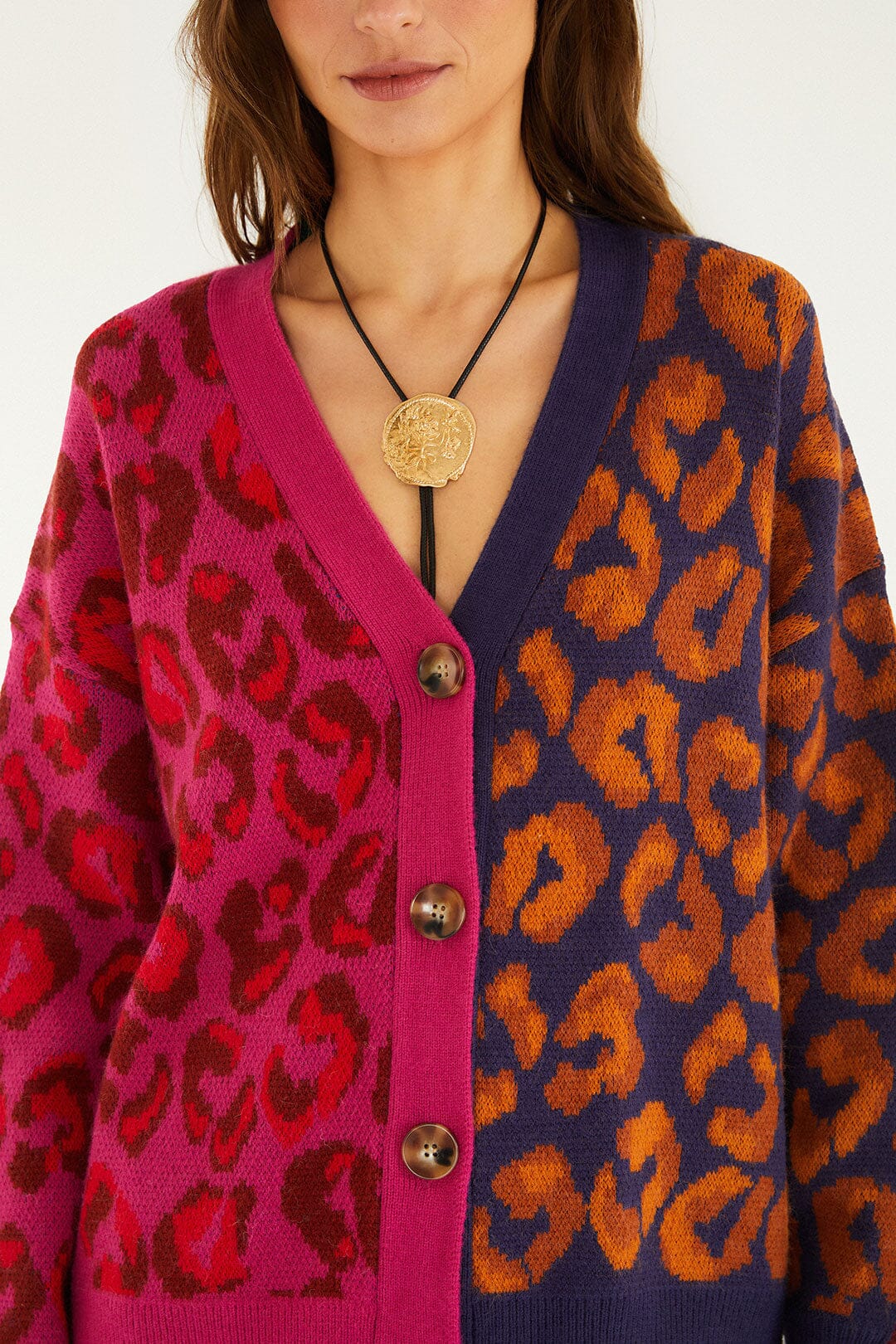 Mixed Ikat Leopard Buttoned Knit Cardigan