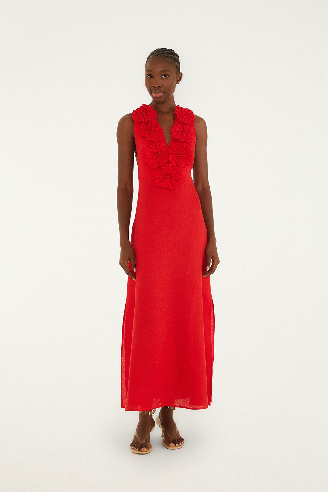 FARM Rio Red 3d Flower Euroflax Premium Linen Maxi Dress, Red / XXS FARM Rio Red 3d Flower Euroflax Premium Linen Maxi Dress, Red / XXS