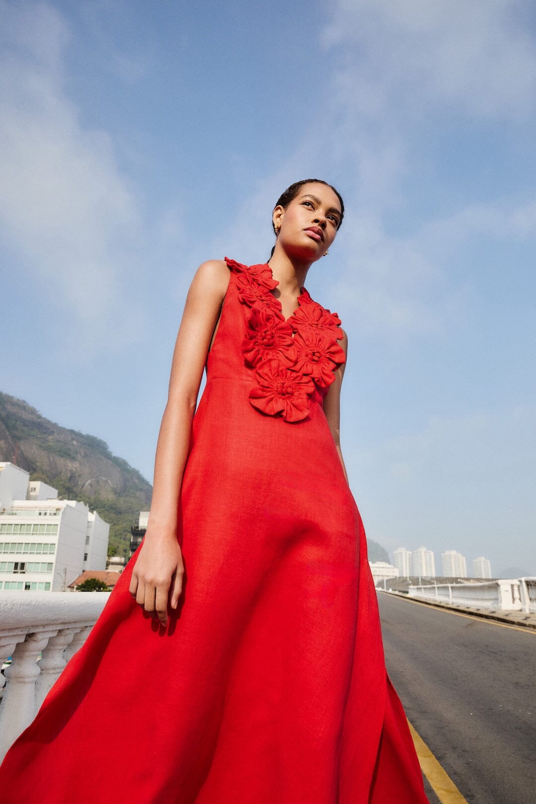 Red 3d Flower Euroflax™ Premium Linen Maxi Dress | FARM Rio