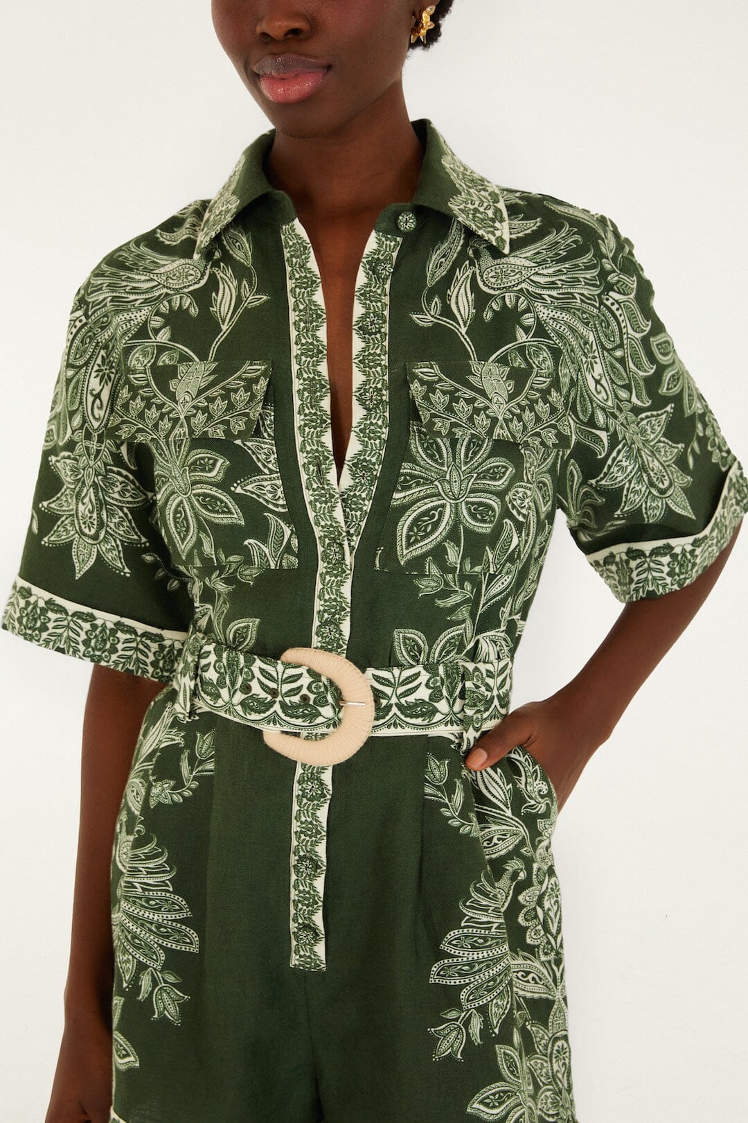 FARM Rio Miranda Dark Green Short Sleeve Romper - Medium FARM Rio Miranda Dark Green Short Sleeve Romper - Medium