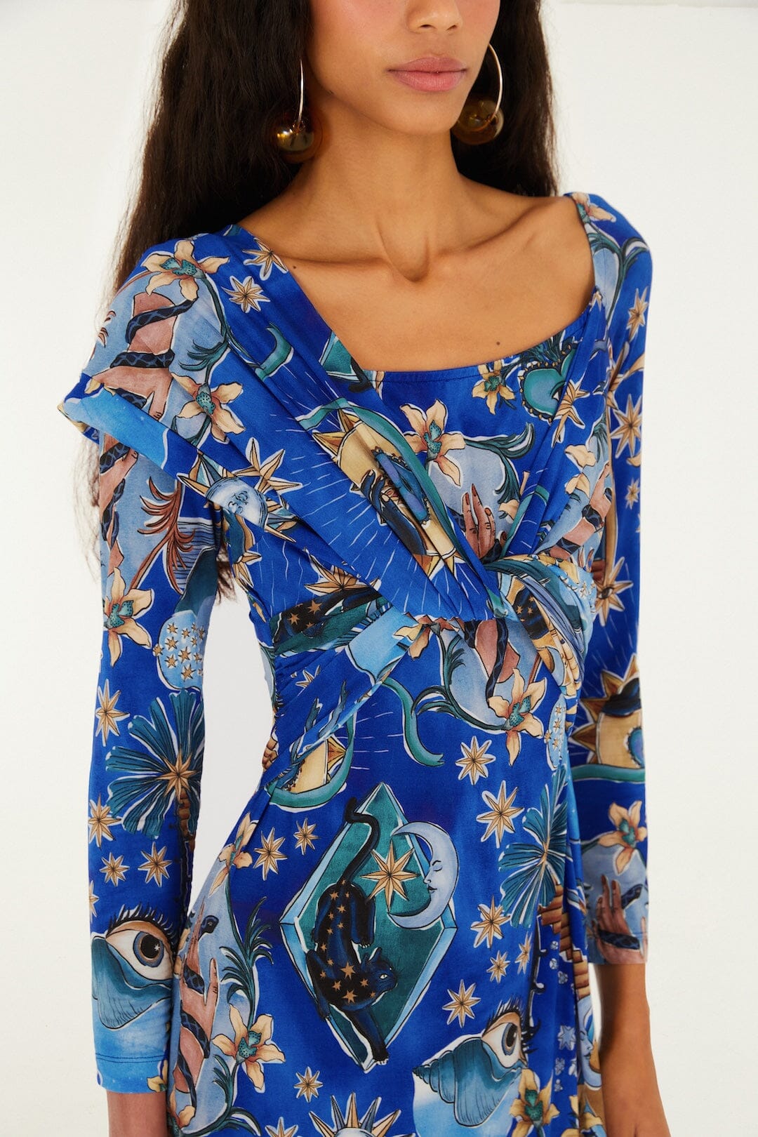 farm rio blue long sleeve midi dress Blue Flowing Beauty Embroidered Long Sleeve Midi Dress FARM Rio