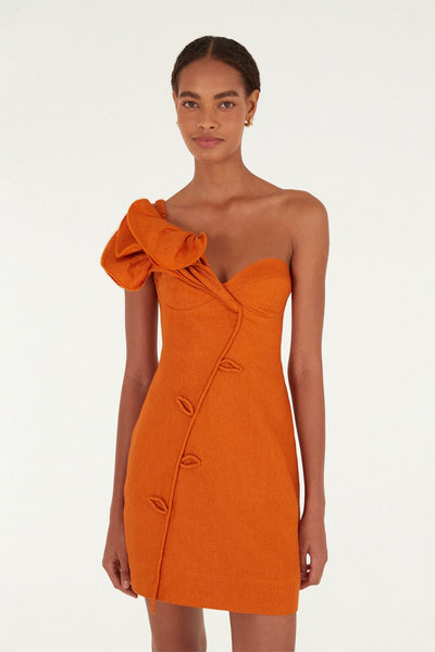 Farm Rio Orange Flower Euroflax Premium Linen Mini Dress, Orange / L