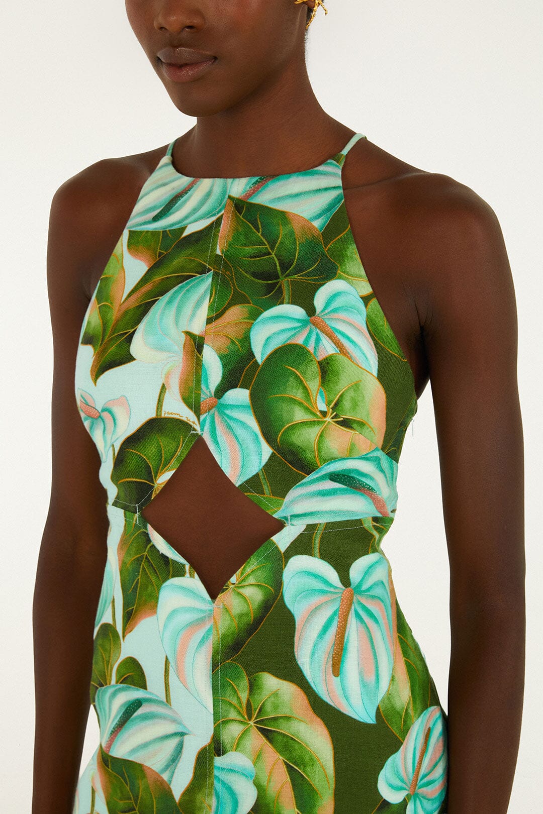 FARM Rio Green Anthurium Leaves Cut-Out Euroflax Premium Linen Midi Dress, Anturium Leaves Green / XL FARM Rio Green Anthurium Leaves Cut-Out Euroflax Premium Linen Midi Dress, Anturium Leaves Green / XL