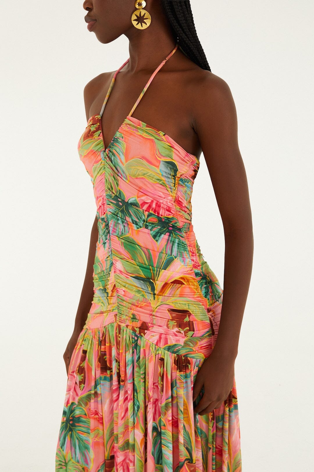 farm rio sleeveless ruched mesh midi dress NWT Farm Rio x Anthropologie Sleeveless Mesh Midi Dress $178 SMALL Yellow Motif