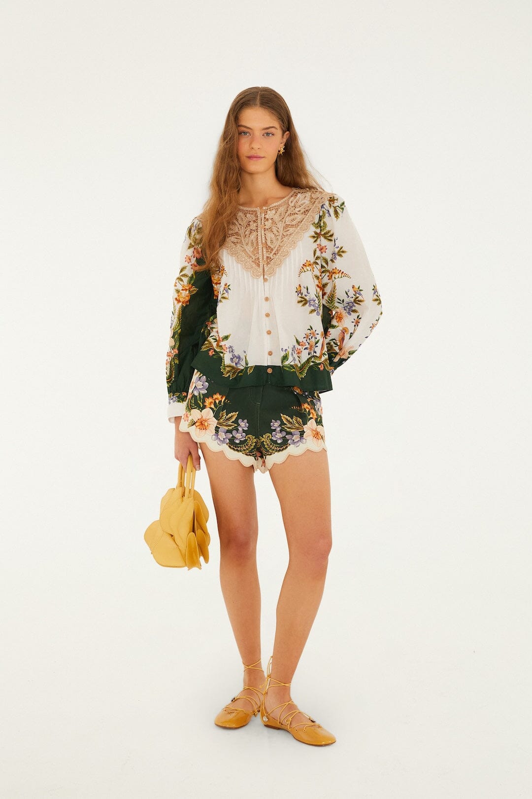 green berry garden beaded buckle twill shorts