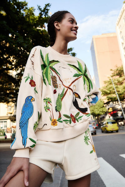 coconut row palm beach clothing FARM Rio Off-White Coconut Trees Come To Rio Embroidered Sweatshirt, Off-White / XL