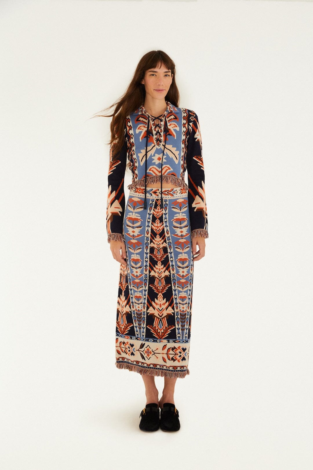 Multicolor Tapestry Fringes Knit Skirt