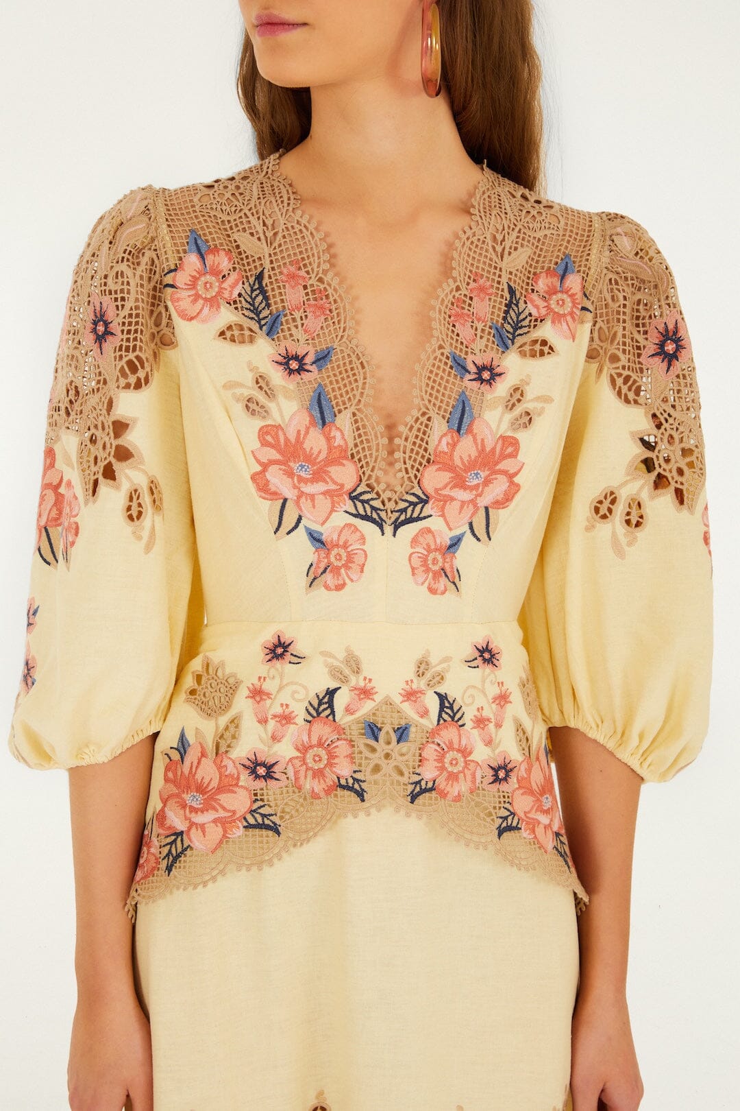 Butter Yellow Embroidered Lenzing Ecovero Euroflax Midi Dress | FARM Rio Butter Yellow Embroidered Lenzing Ecovero Euroflax Midi Dress | FARM Rio