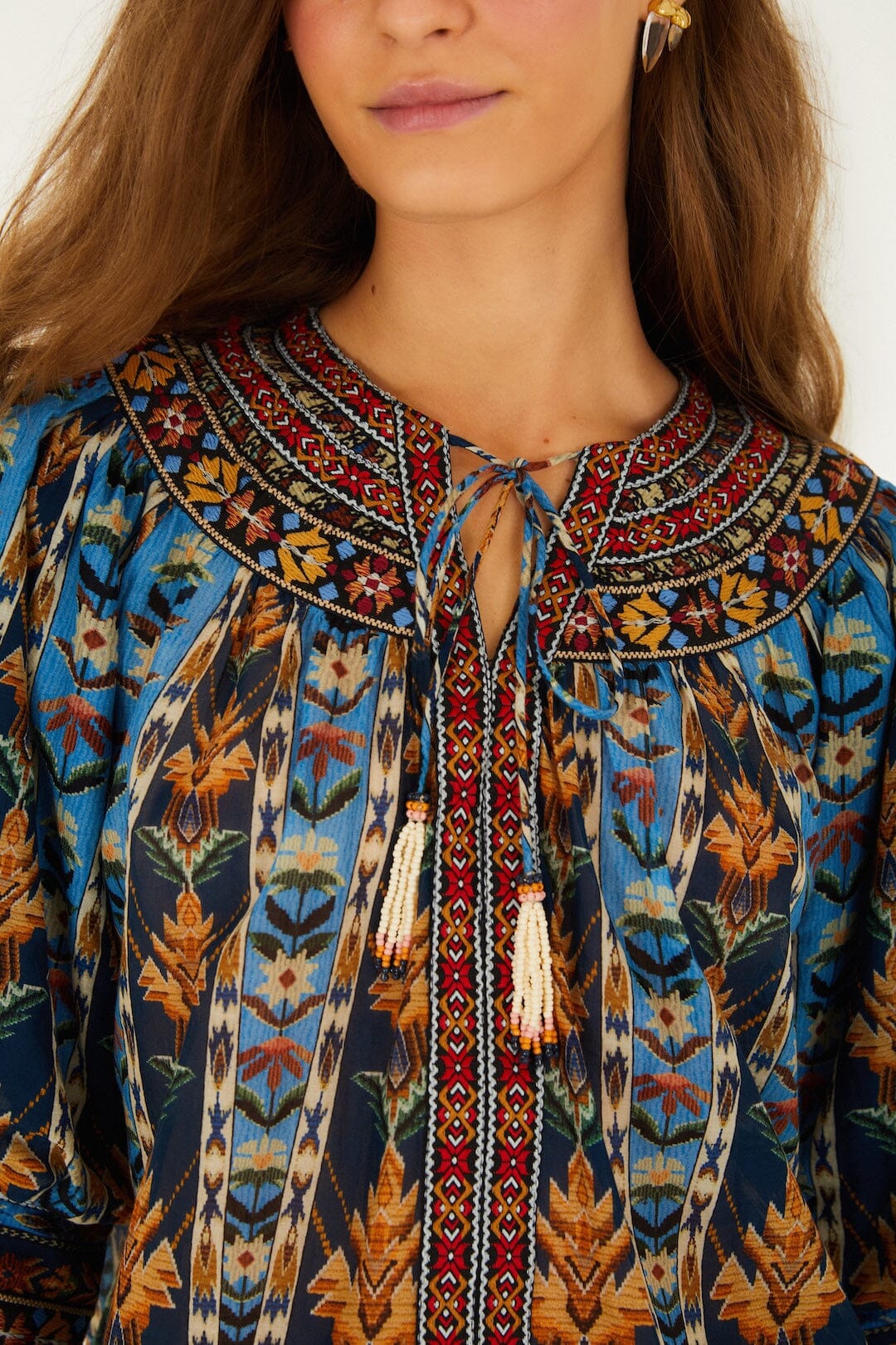 Blue Embroidered Tapestry Tassels Puff Sleeve Blouse | FARM Rio