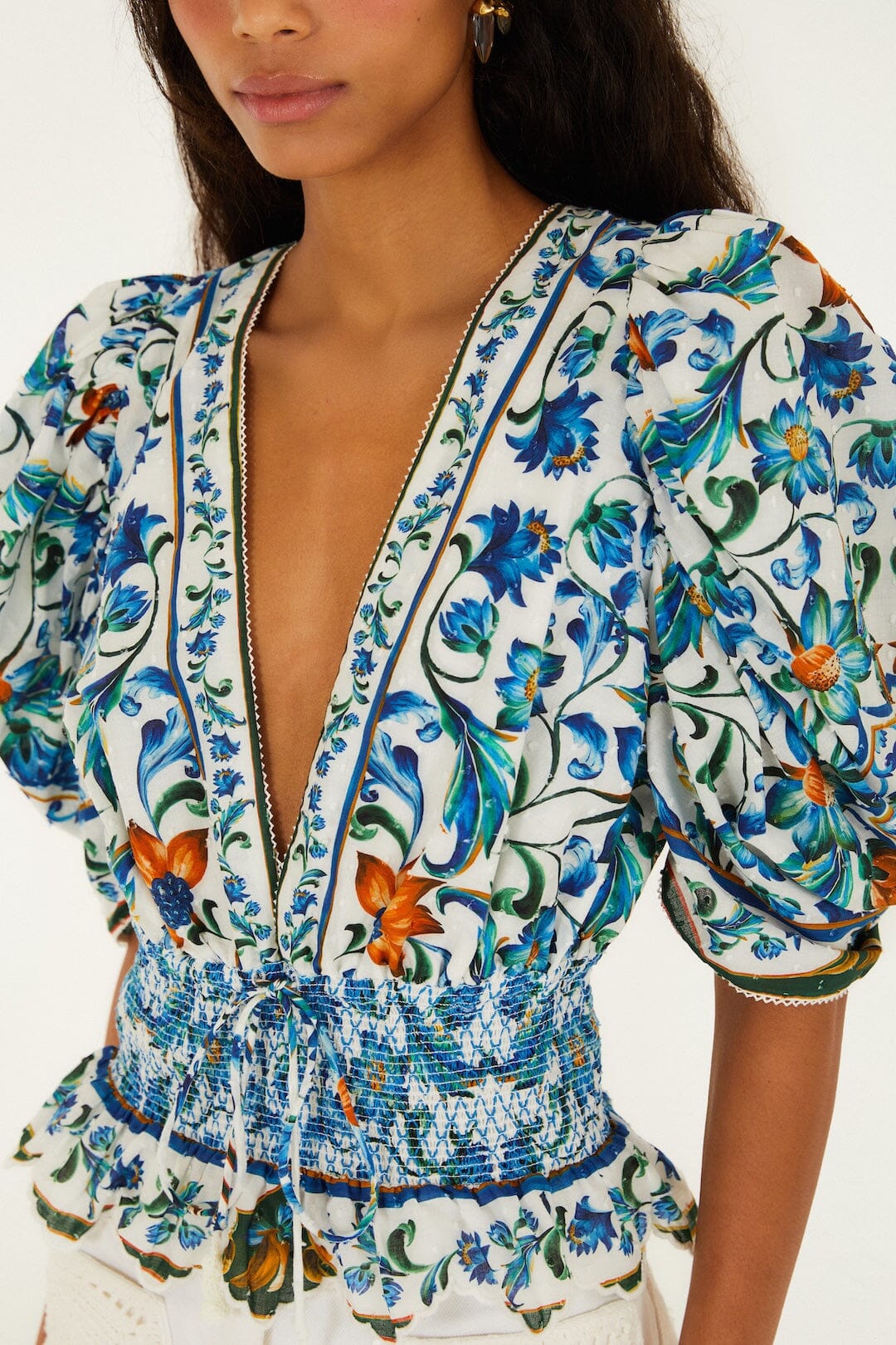 Off-White Flora Tile Smocked Organic Cotton Blouse