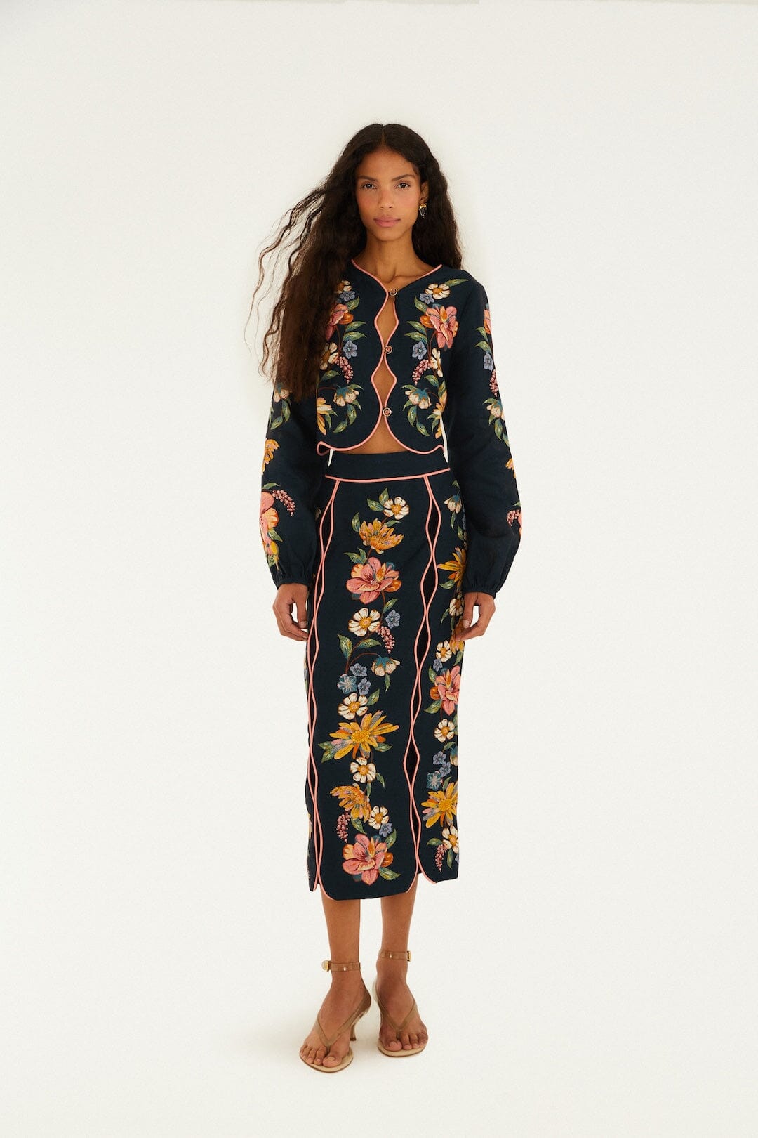 Dark Blue Maira Floral Euroflax Premium Linen Midi Skirt