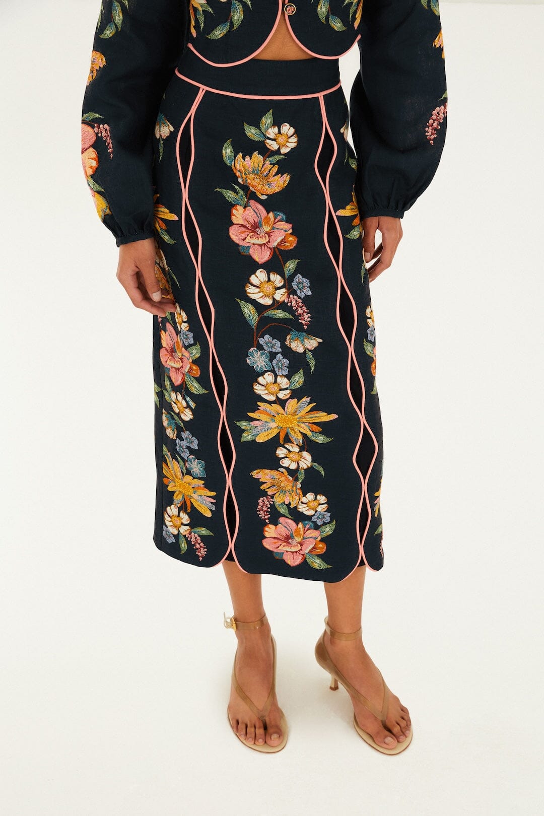 Dark Blue Maira Floral Euroflax Premium Linen Midi Skirt