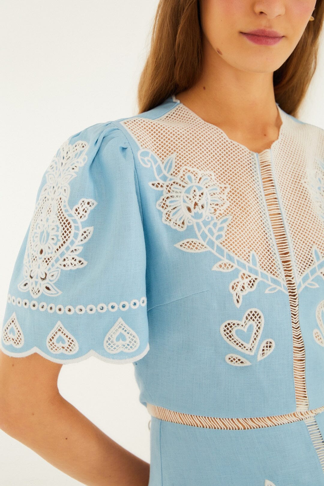 Farm Rio Light Blue Embroidery Short Sleeve Midi Dress Light Blue / XL Farm Rio Light Blue Embroidery Short Sleeve Midi Dress Light Blue / XL