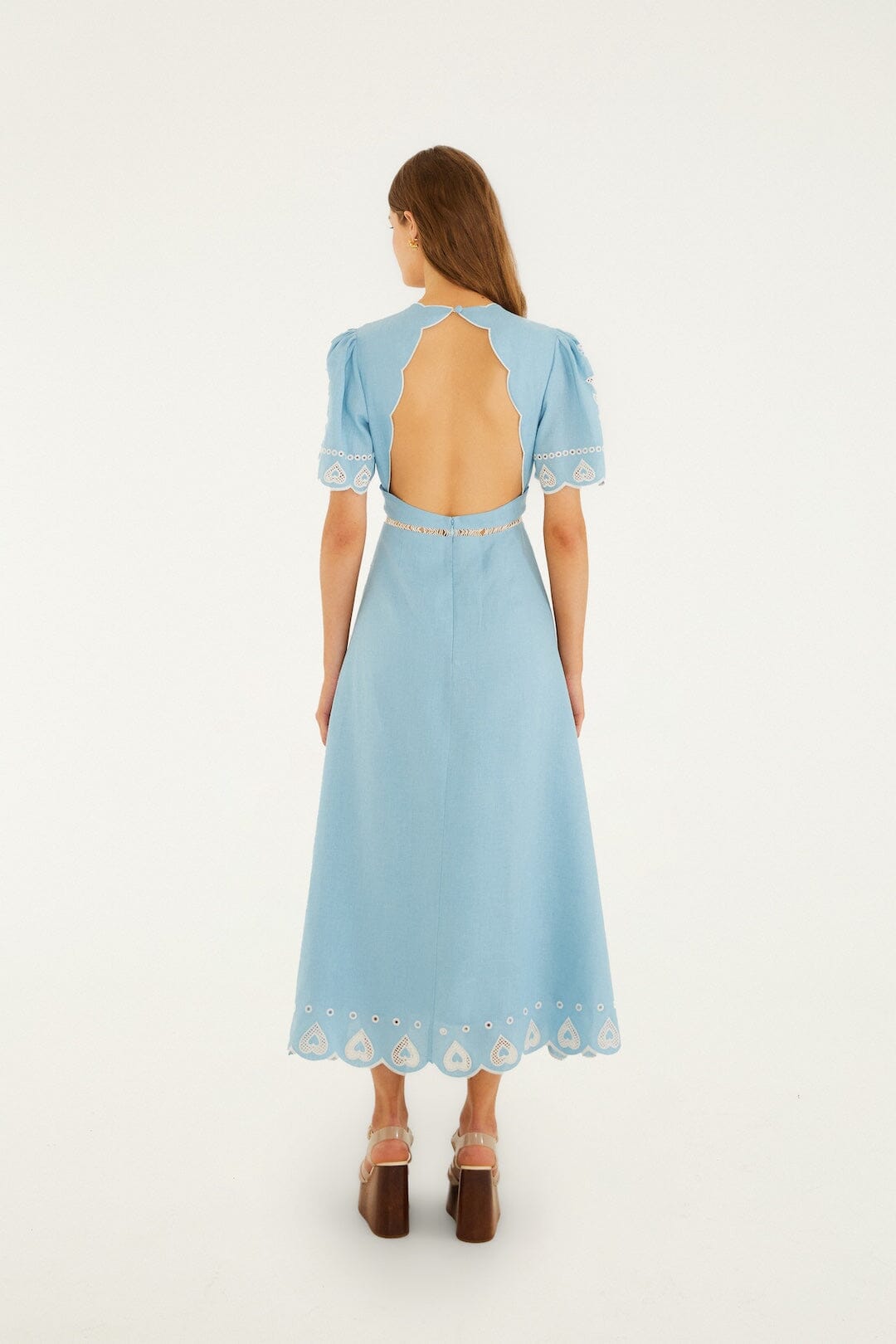 Farm Rio Light Blue Embroidery Short Sleeve Midi Dress Light Blue / XL Farm Rio Light Blue Embroidery Short Sleeve Midi Dress Light Blue / XL