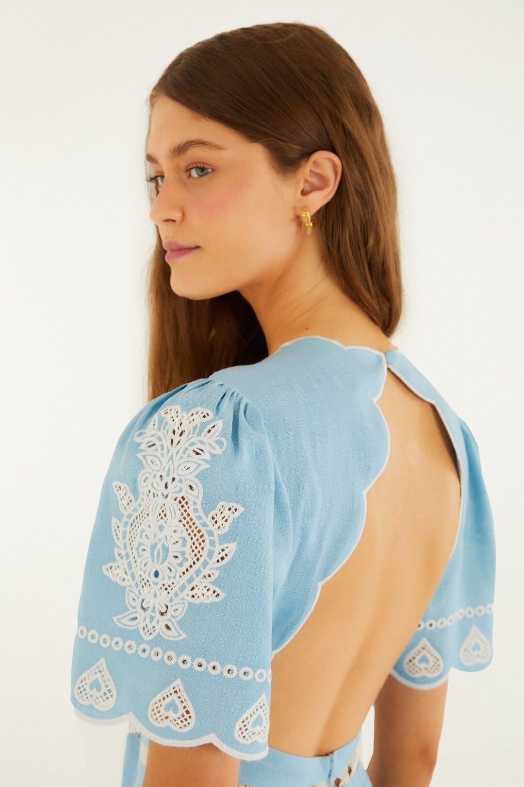 Farm Rio Light Blue Embroidery Short Sleeve Midi Dress Light Blue / XL Farm Rio Light Blue Embroidery Short Sleeve Midi Dress Light Blue / XL