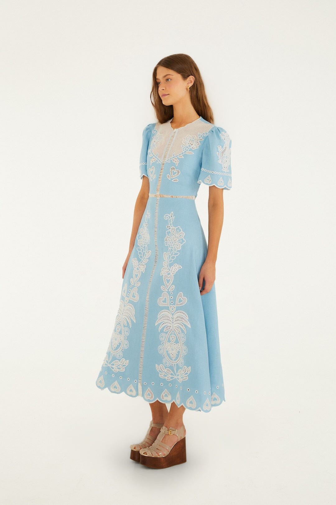 Light Blue Embroidered Euroflax Premium Linene Midi Dress