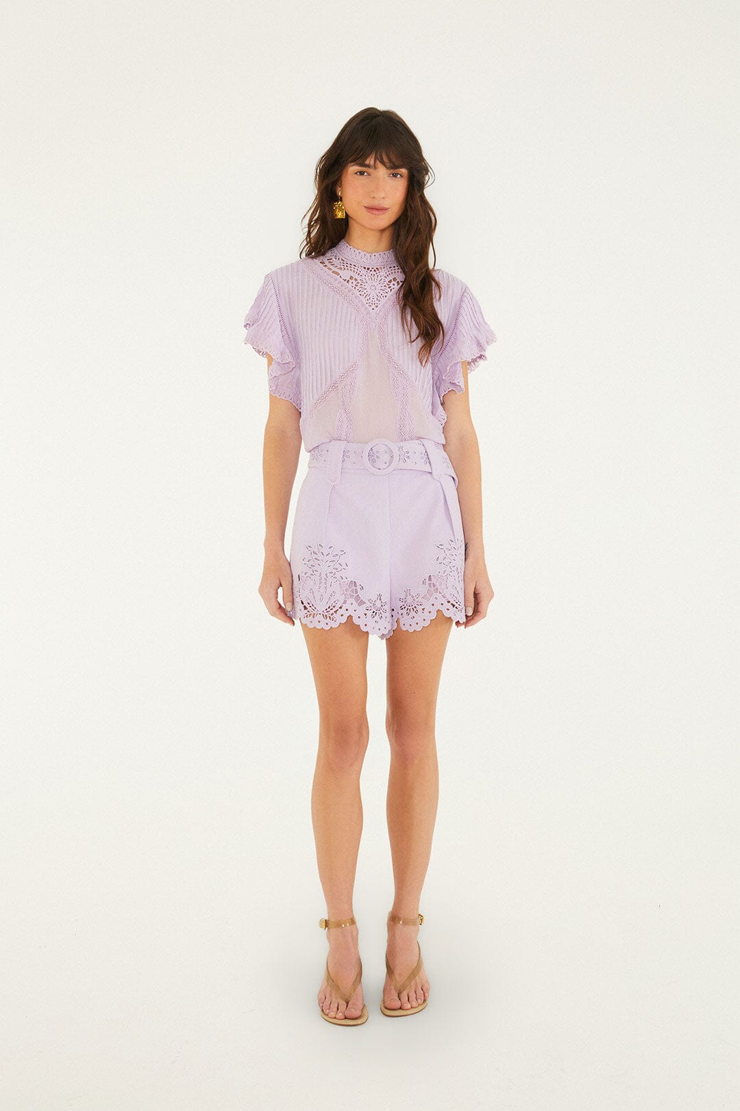 Lilac Geometric Richelieu Twill Belted Shorts | FARM Rio