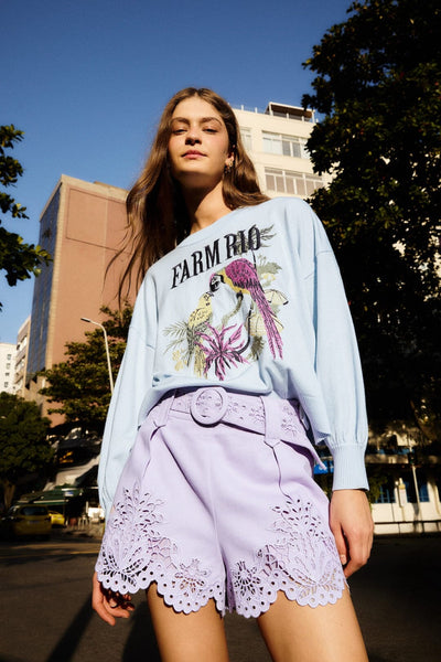 Admiral 紫花柄ショートスリーブウェア Lilac Geometric Richelieu Twill Belted Shorts | FARM Rio