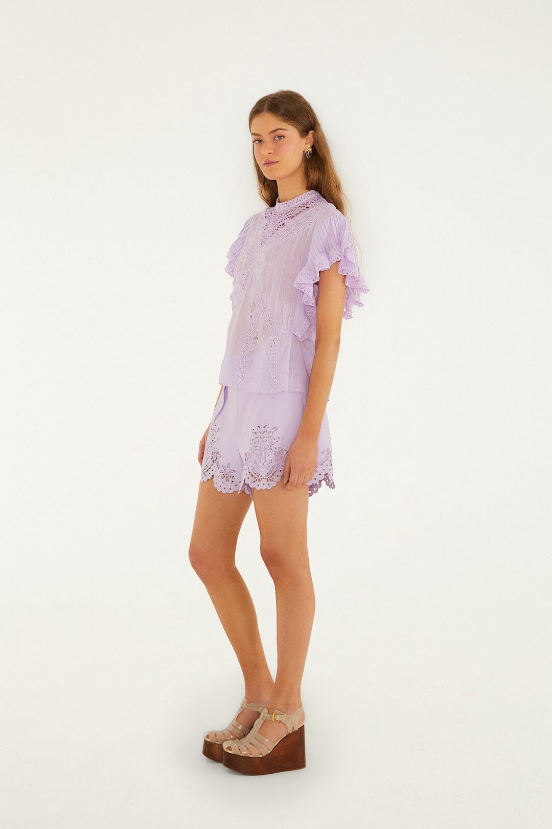 Lilac Geometric Richelieu Twill Belted Shorts