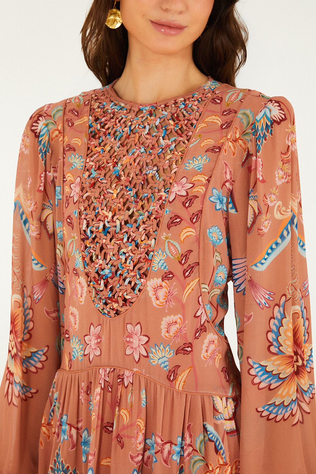 farm rio brown bright flora long sleeve mini dress Brown Charming Garden Long Sleeve Maxi Dress FARM Rio