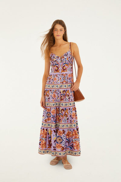 Lilac Flower Tiles Sleeveless Tiered Maxi Dress