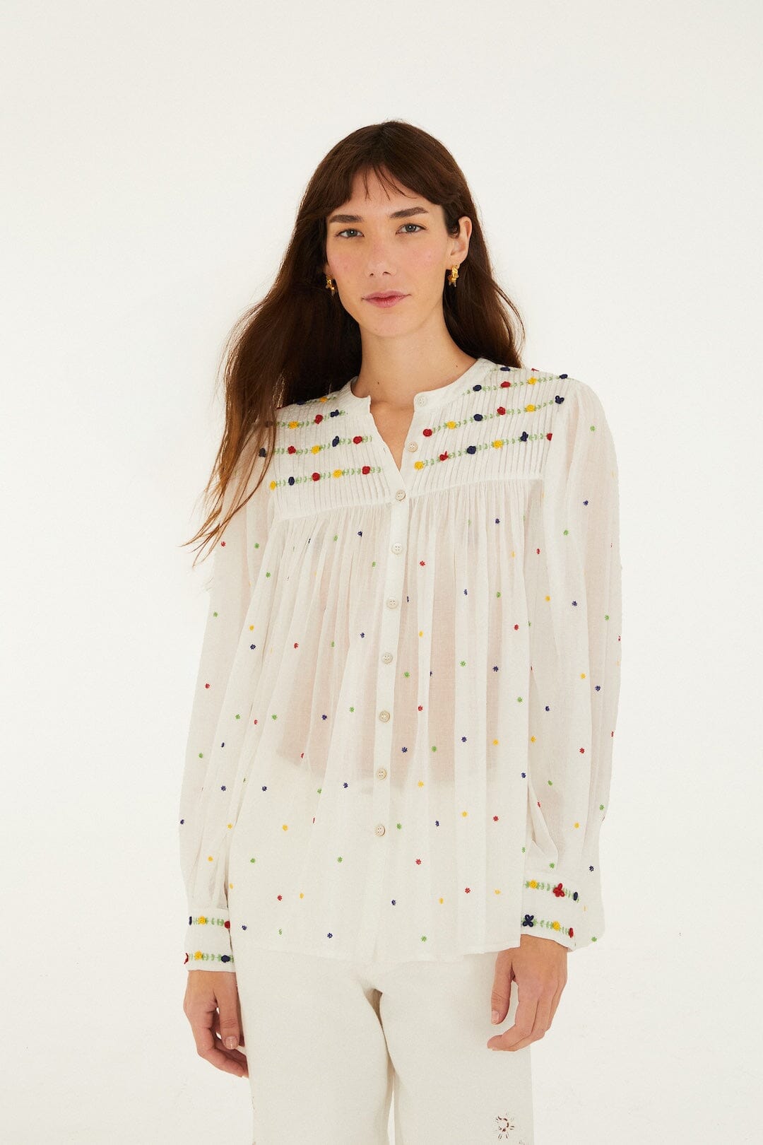 Off-White Embroidered Beads Organic Cotton Long Sleeve Blouse