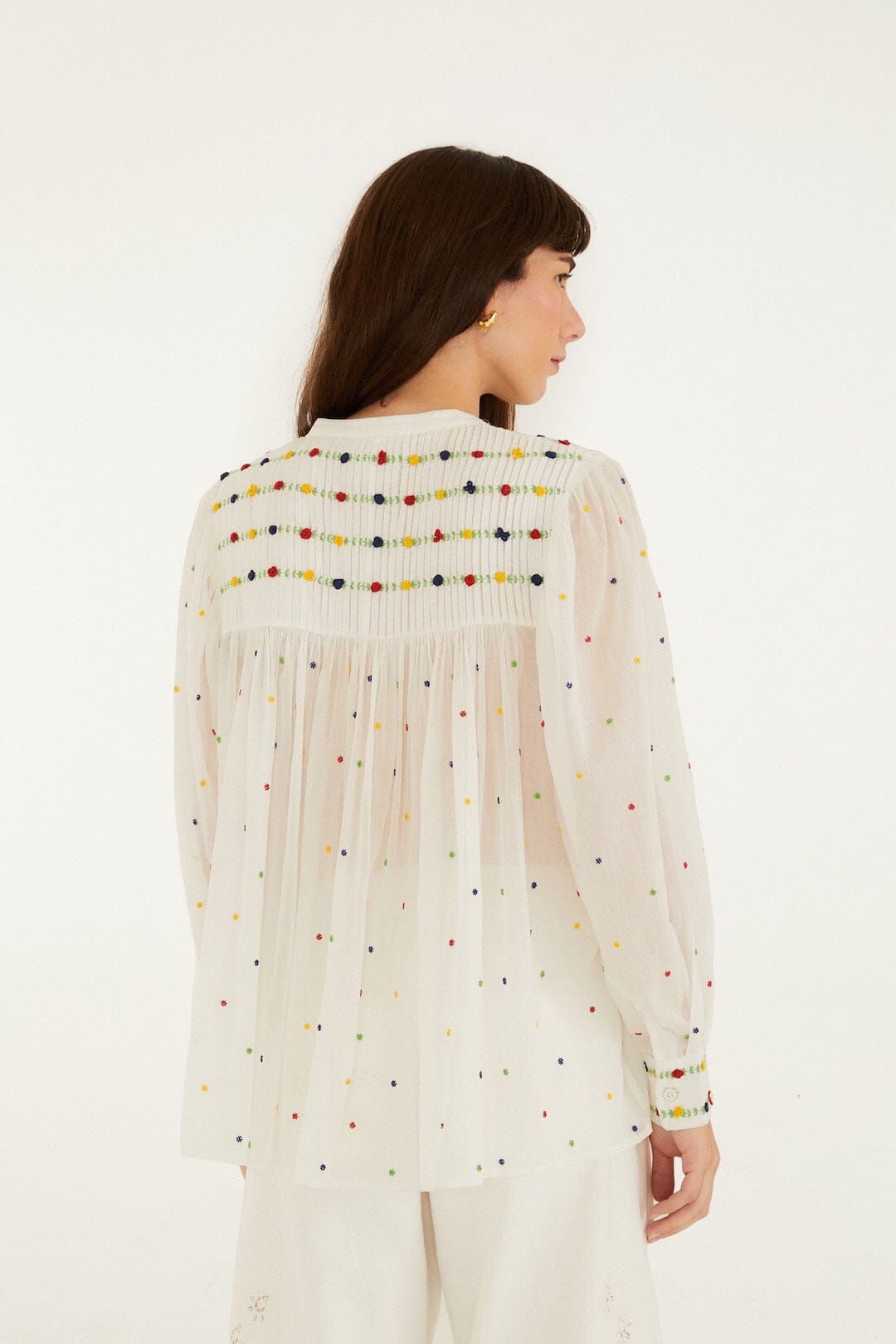 Off-White Embroidered Beads Organic Cotton Long Sleeve Blouse