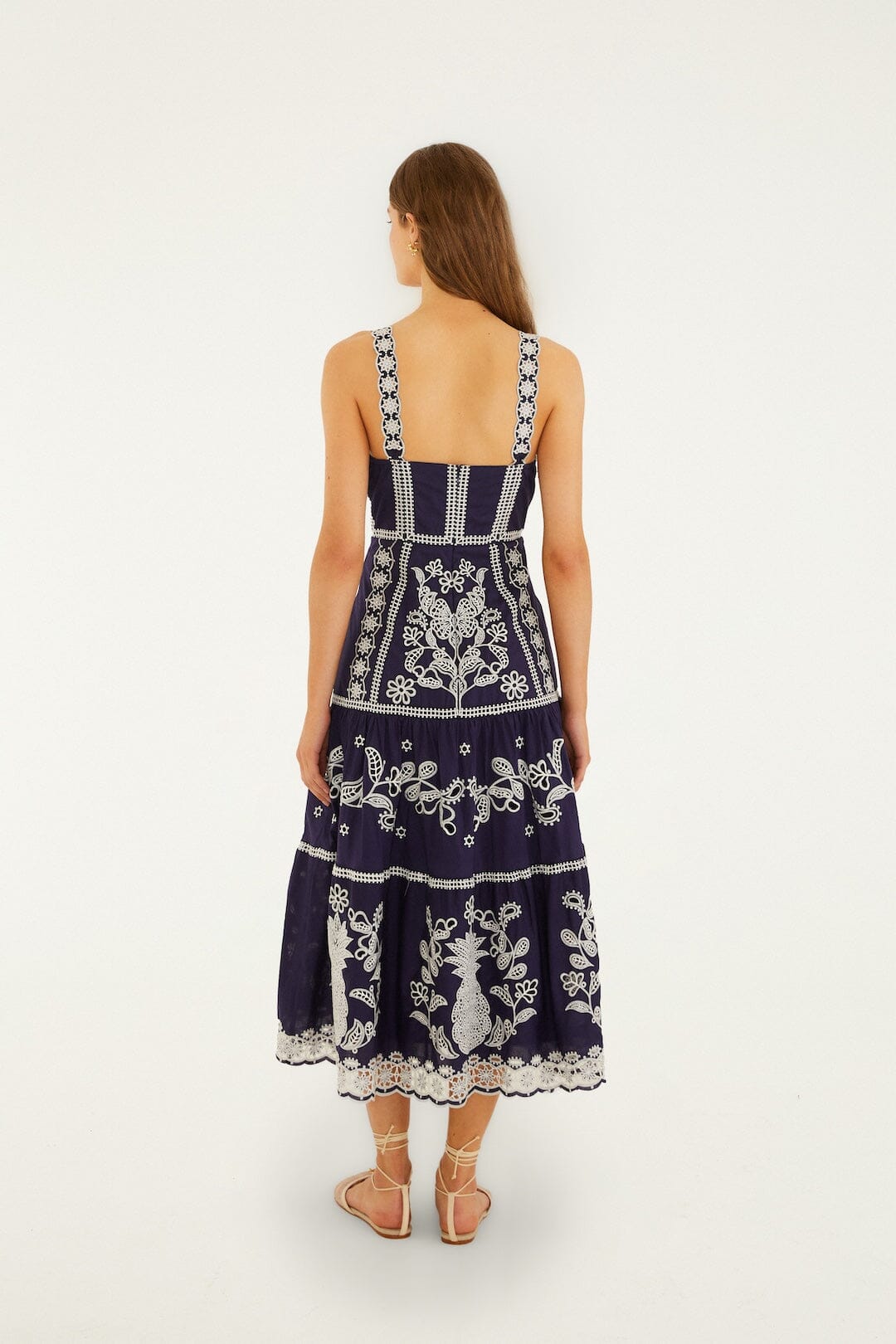 Blue Richelieu Embroidered Organic Cotton Midi Dress | FARM Rio Blue Richelieu Embroidered Organic Cotton Midi Dress | FARM Rio