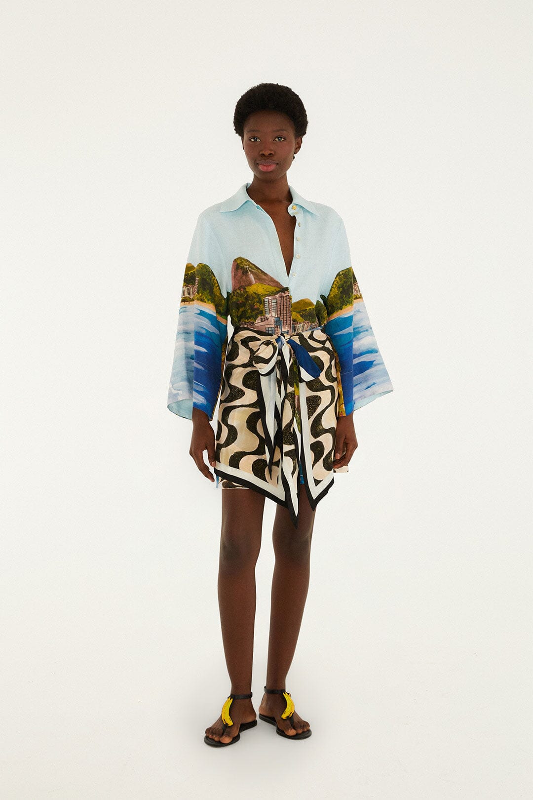 Multicolor Copacabana Beach Euroflax Premium Linen Long Sleeve Kimono