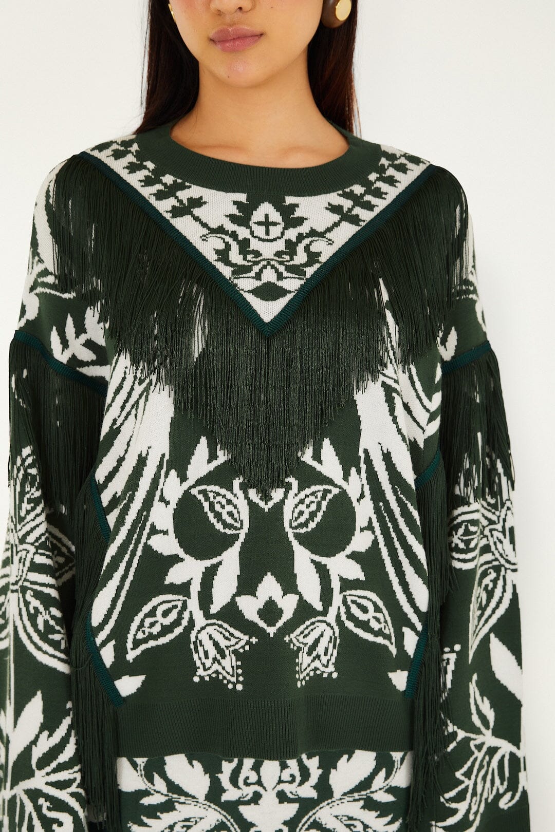 Dark Green Miranda Fringes Knit Sweater | FARM Rio