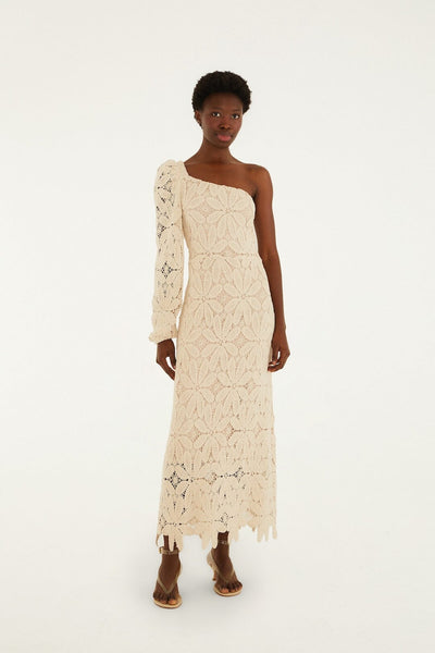 knee length dresses for ladies Off-White One-Shoulder Crochet Flower Maxi Dress
