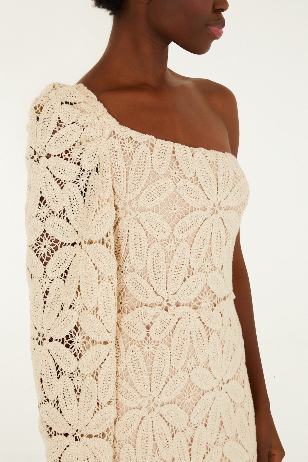 Off-White One-Shoulder Crochet Flower Maxi Dress | FARM Rio Off-White One-Shoulder Crochet Flower Maxi Dress | FARM Rio