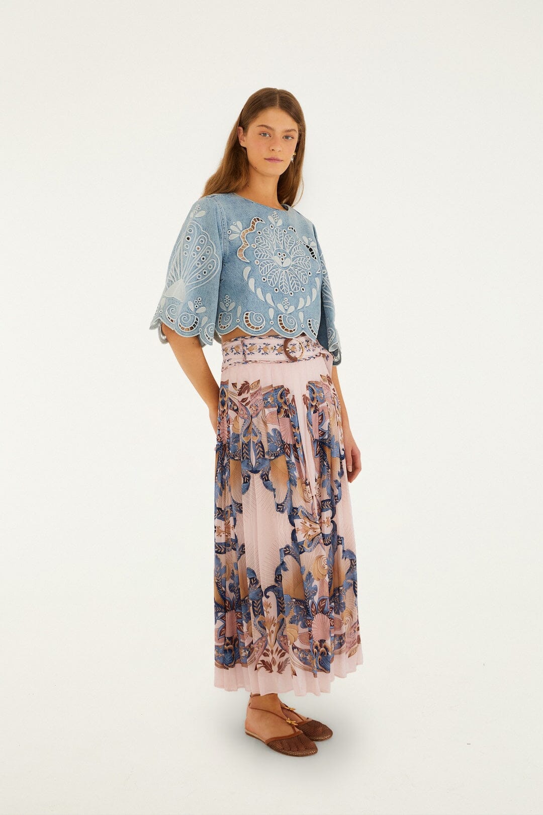 Soft Pink Sea Garden Scarf Pleated Maxi Skirt | FARM Rio