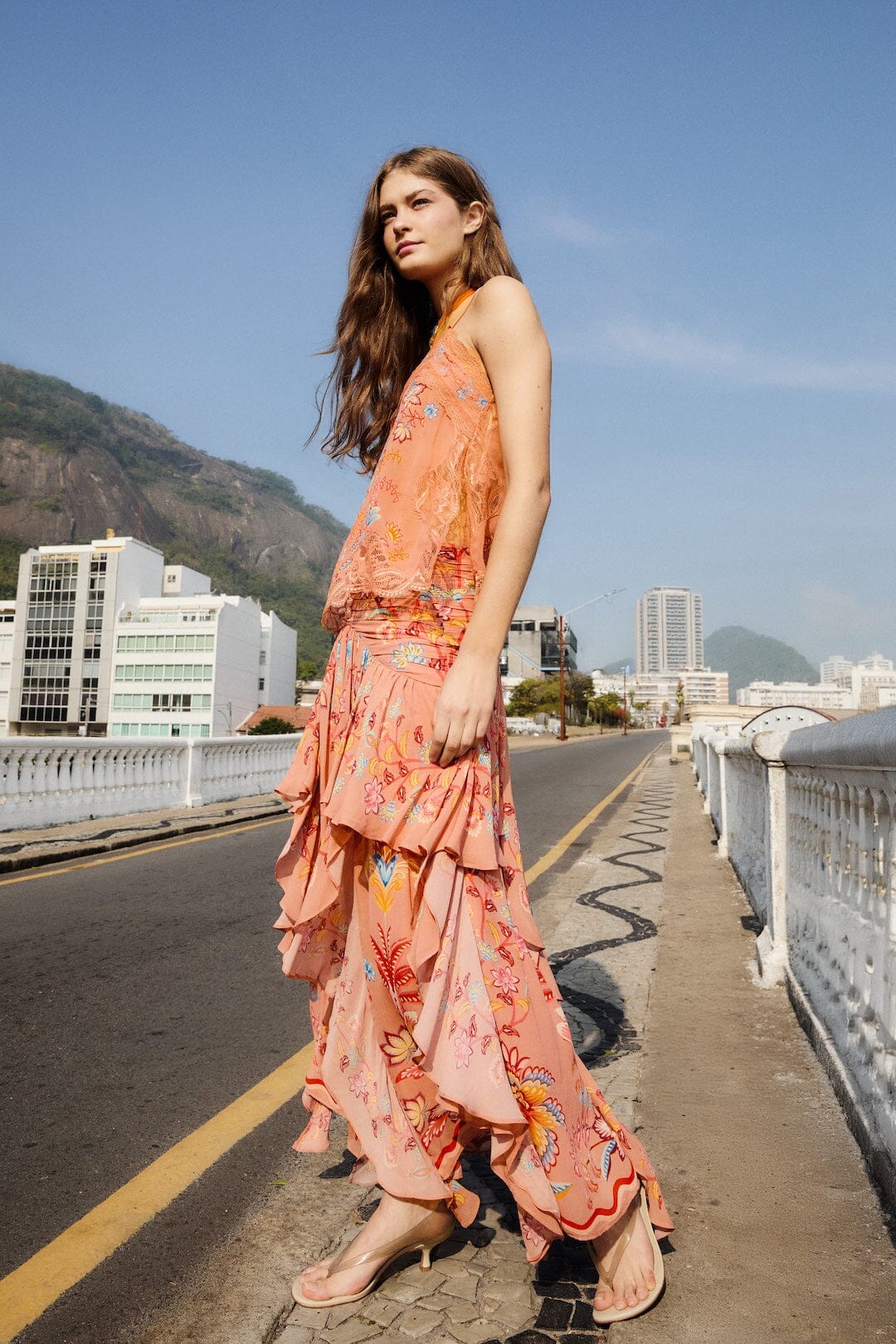 Mocha Boho Enhance Ruched Ruffled Maxi  Skirt