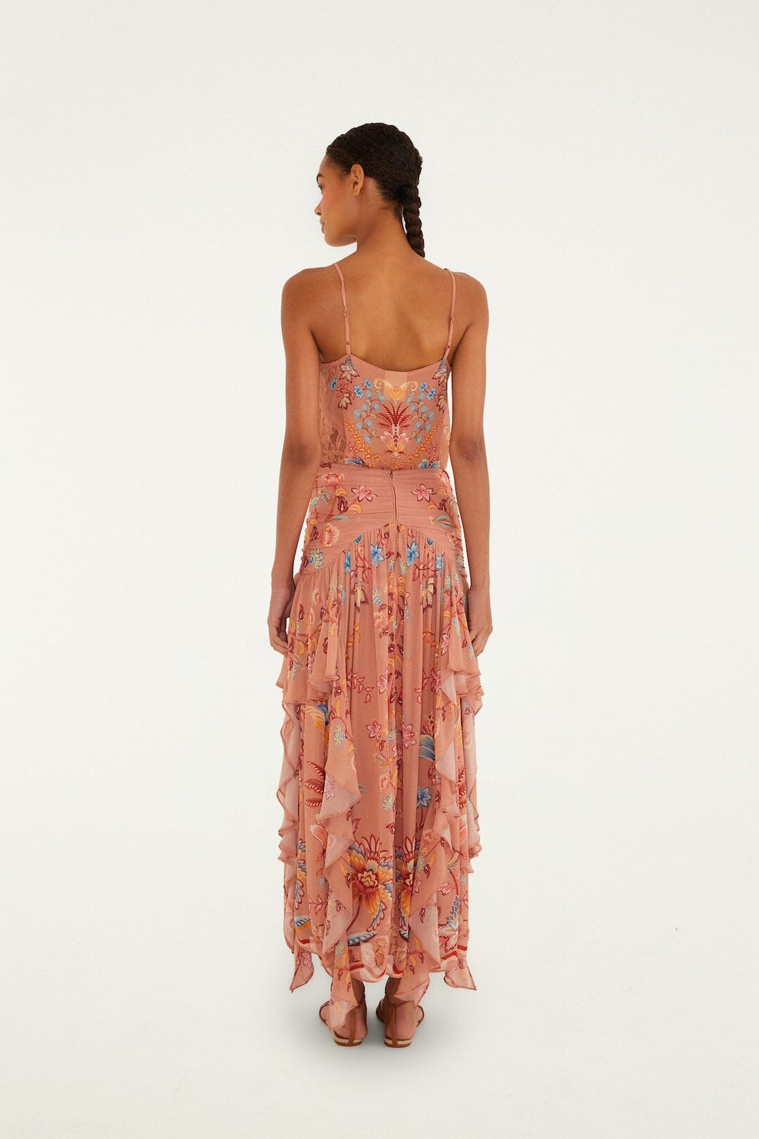 Mocha Boho Enhance Ruched Ruffled Maxi  Skirt