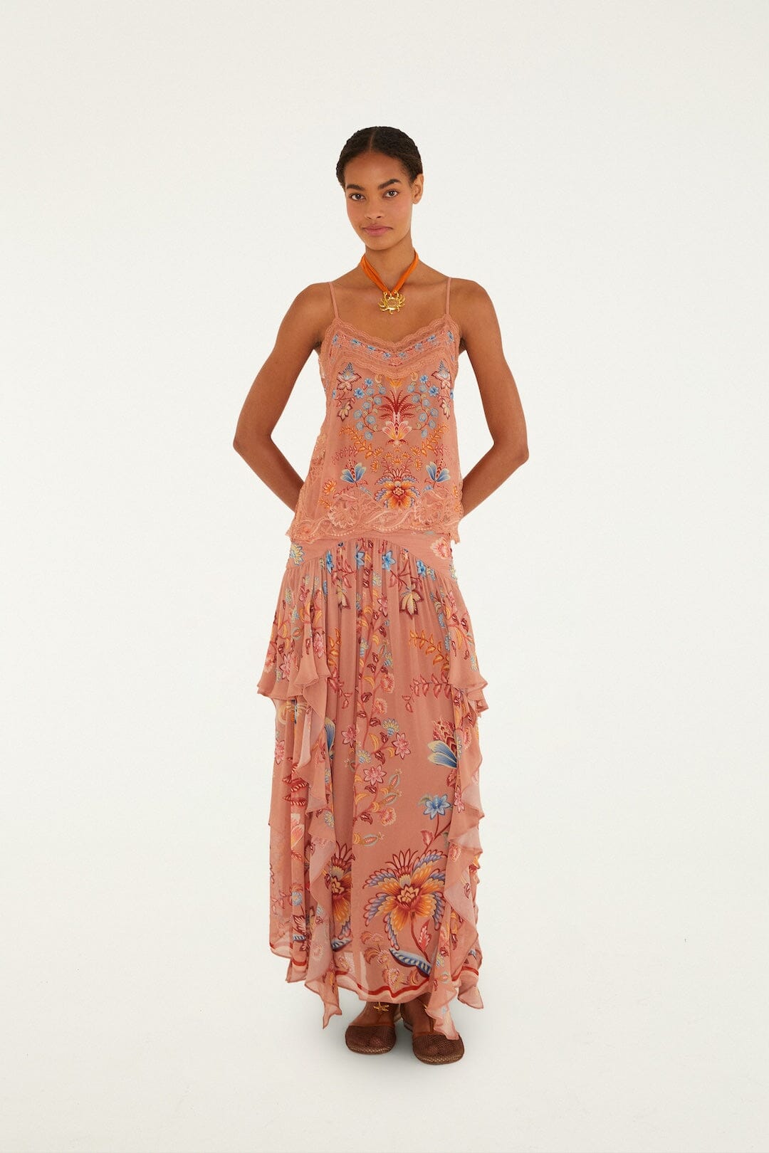 Mocha Boho Enhance Ruched Ruffled Maxi Skirt | FARM Rio