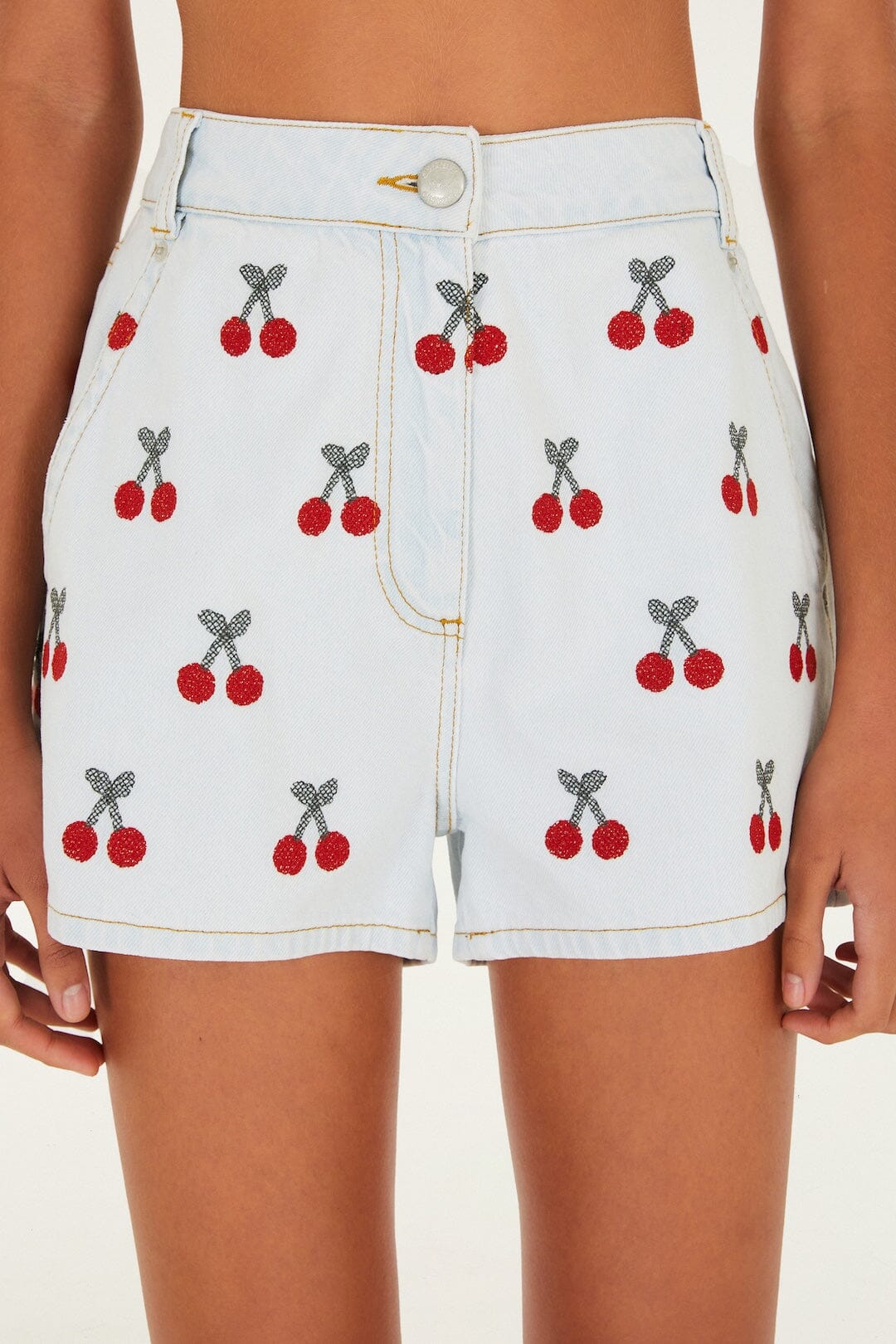 embroidered cherry denim shorts