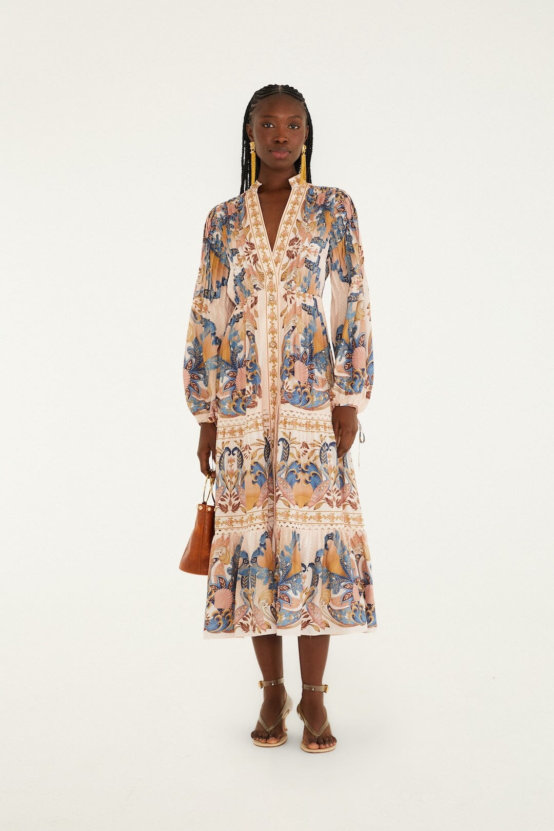 Soft Pink Sea Garden Scarf Pleated Midi Dress