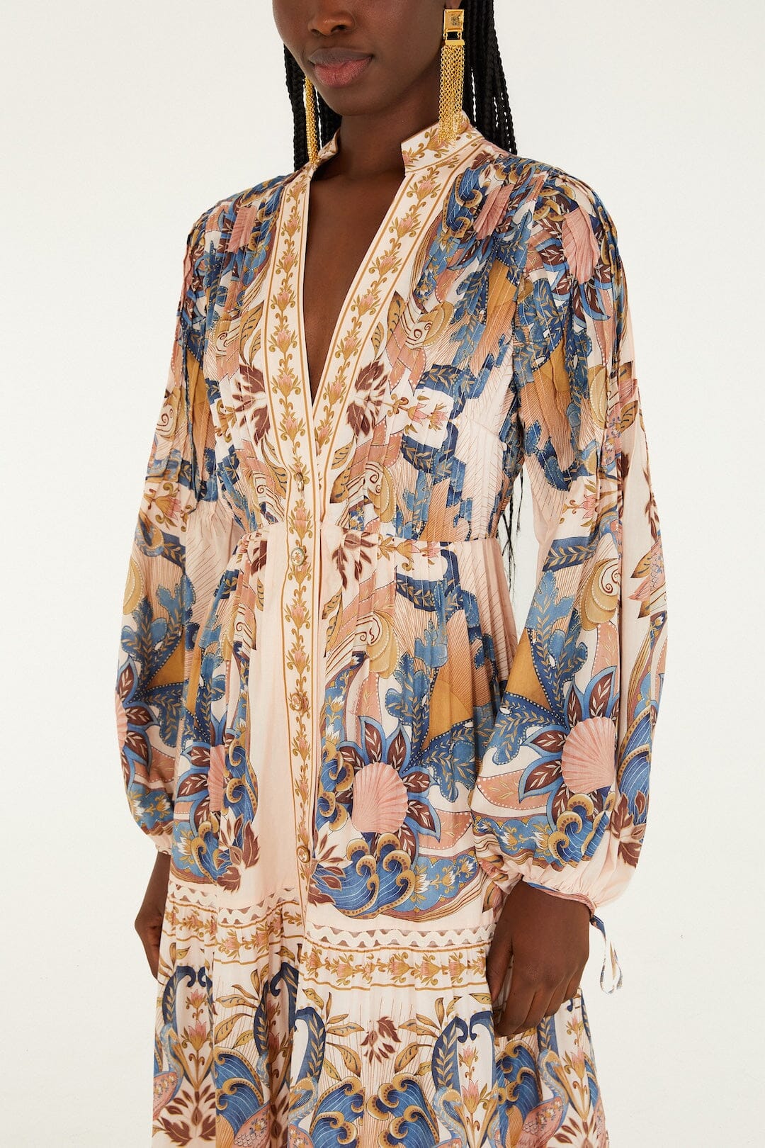 Soft Pink Sea Garden Scarf Pleated Midi Dress