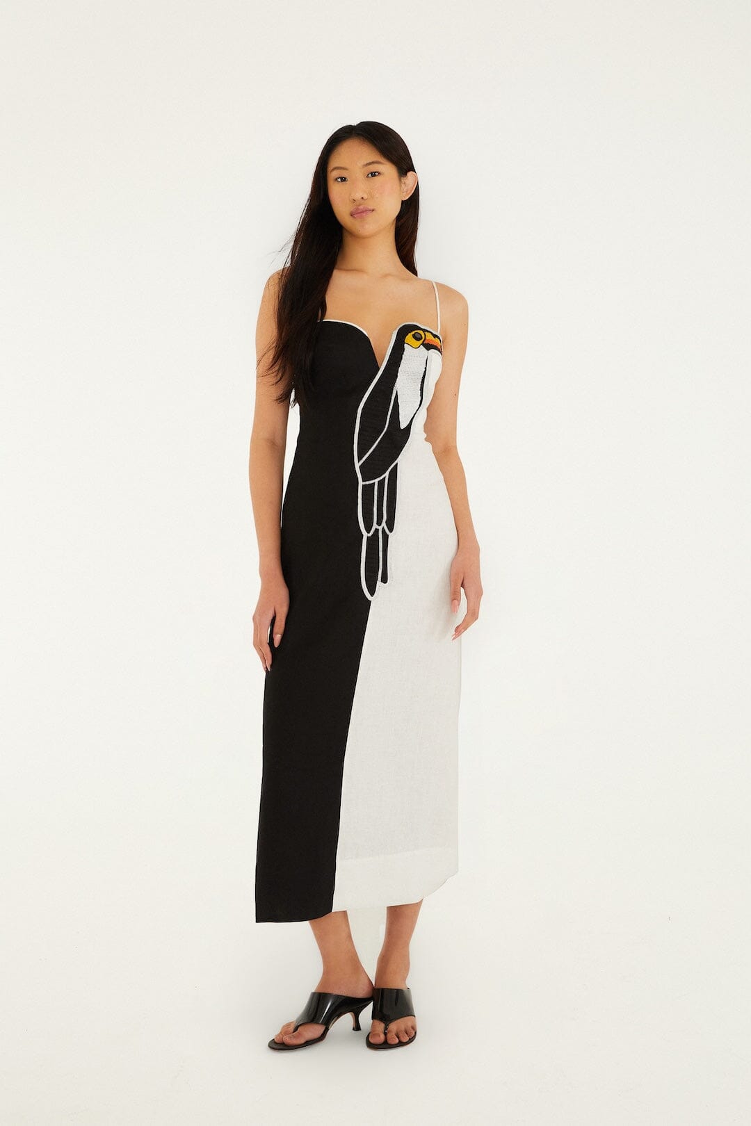 Black And White Embroidered Toucan Euroflax Premium Linen Sleeveless Maxi Dress
