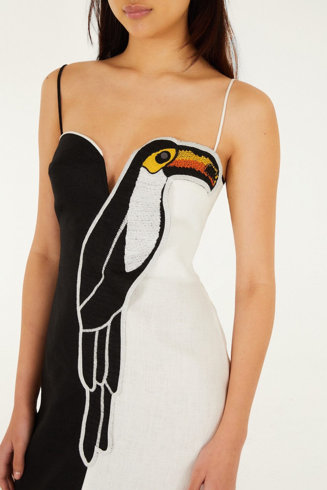Black And White Embroidered Toucan Euroflax Premium Linen Sleeveless Maxi Dress