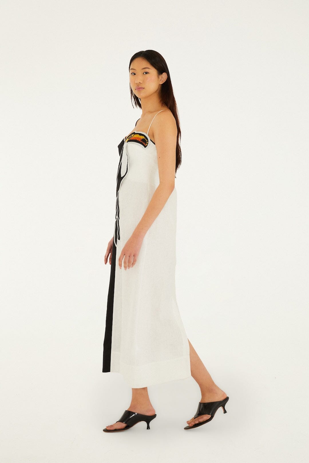 Black And White Embroidered Toucan Euroflax Premium Linen Sleeveless Maxi Dress