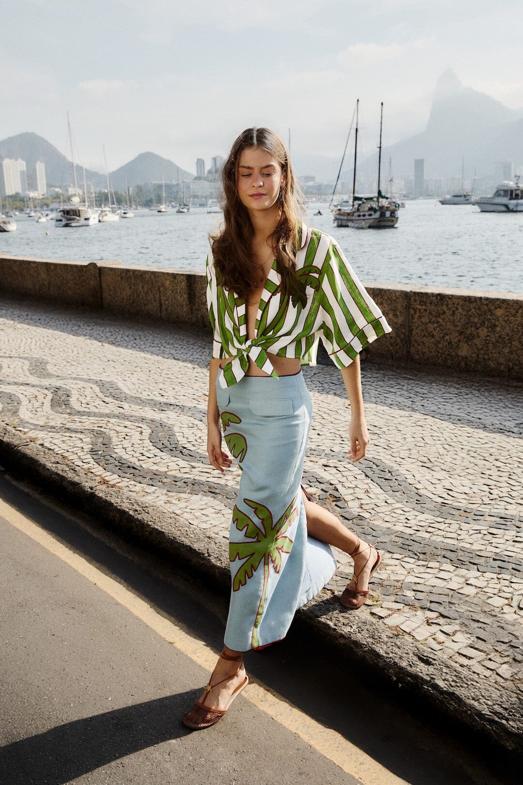 Blue Embroidered Palm Tree Euroflax Premium Linen Maxi Skirt