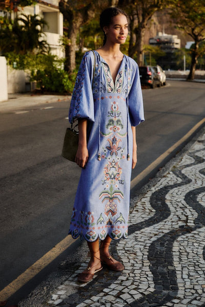 knee length dresses for ladies Blue Garden Tapestry Embroidered Long Sleeve Midi Dress
