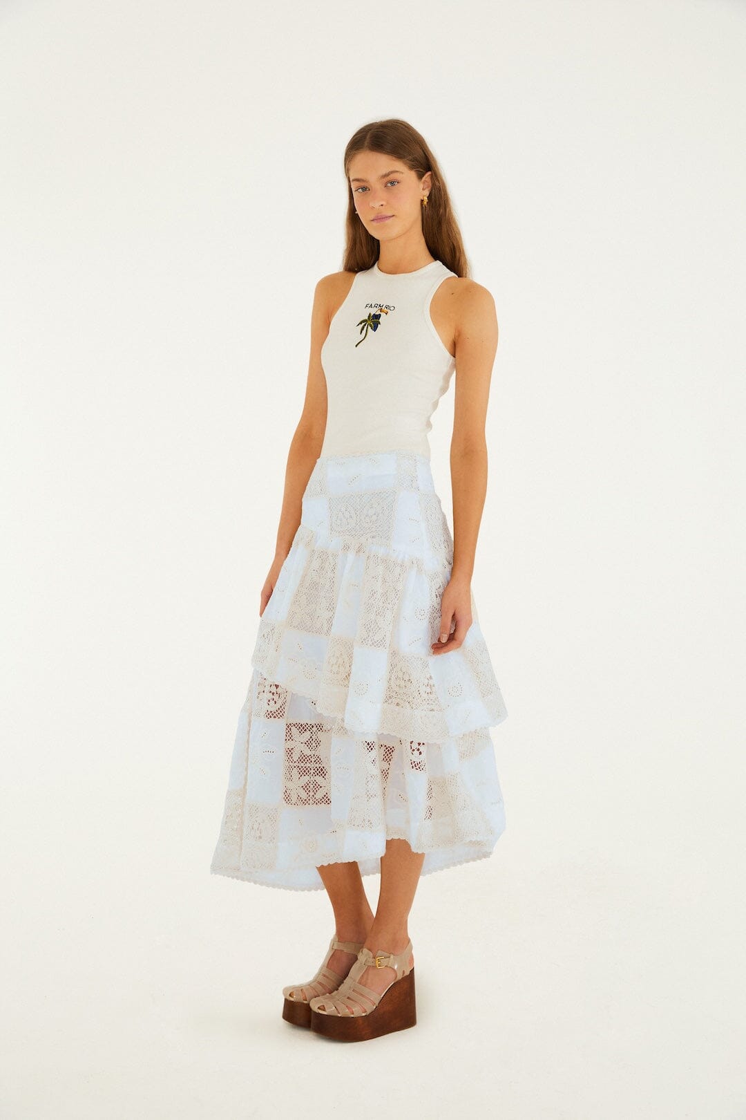 Off-White Scarf Eyelet Layered Maxi Skirt | FARM Rio