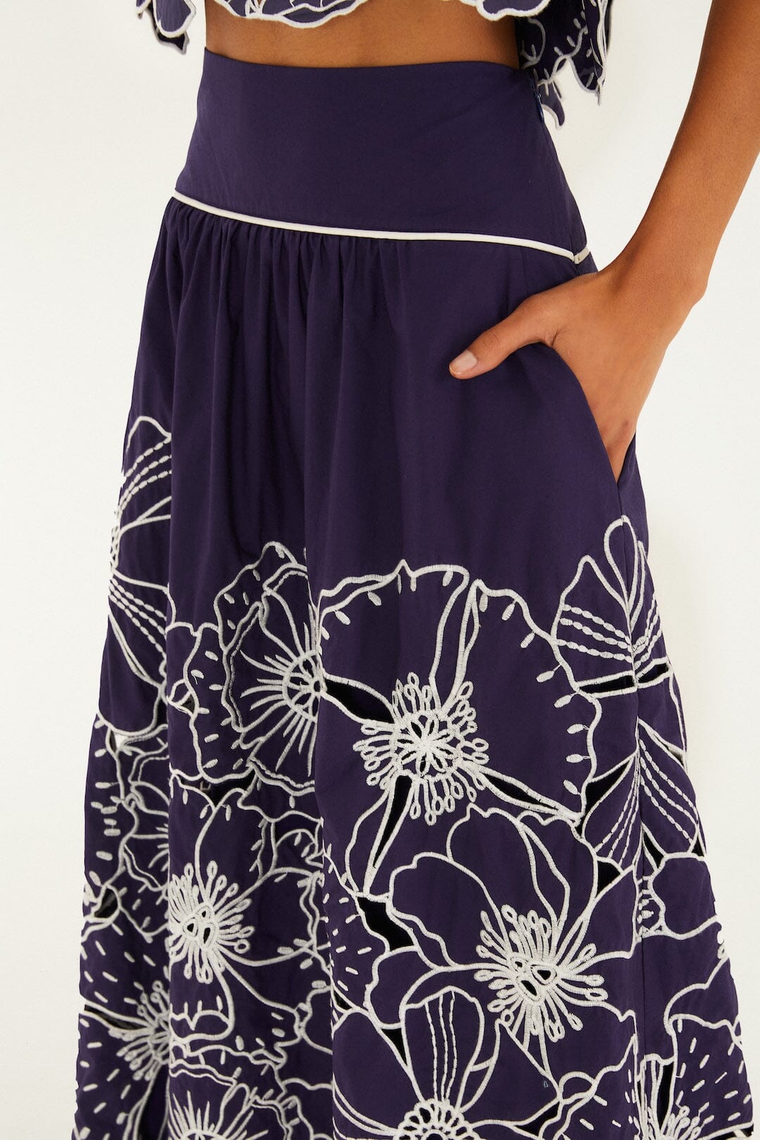 farm rio blue flower richelieu midi dress Farm Rio + Deep Blue Palm Tree Richelieu Midi Dress